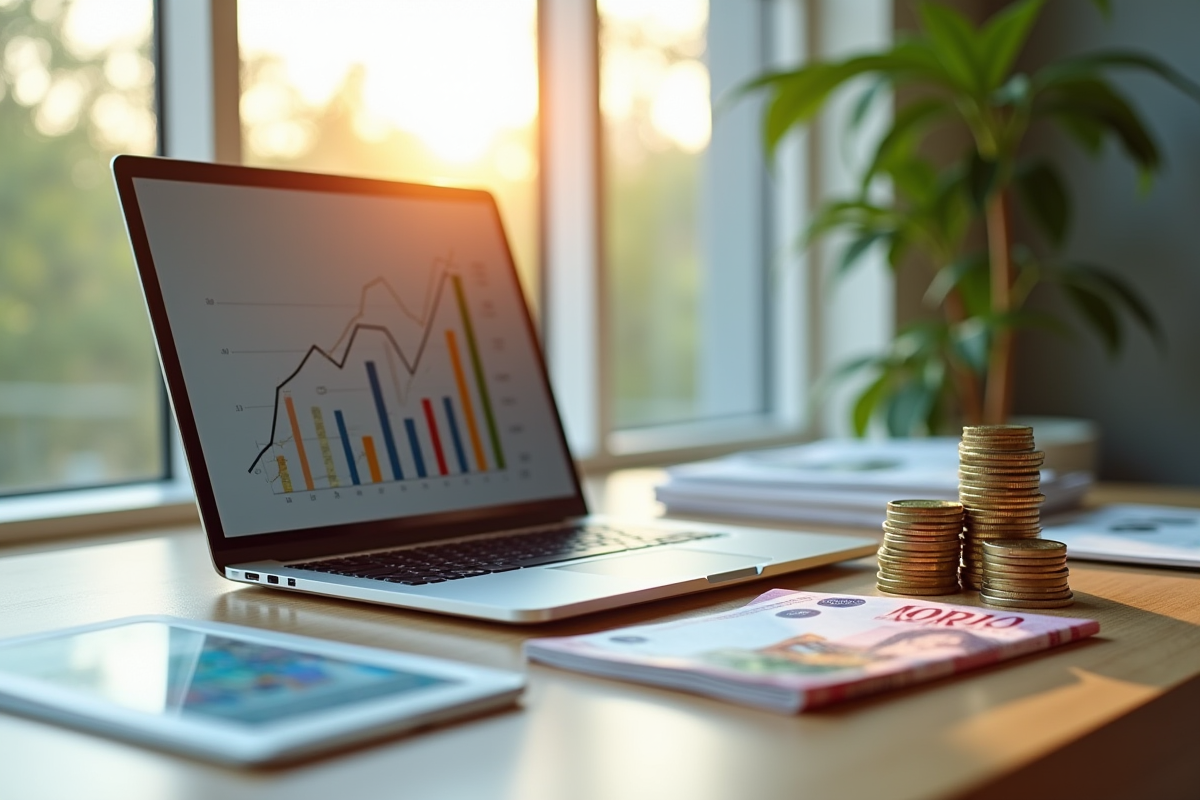 Espace de travail moderne avec graphique de revenus passifs et billets
