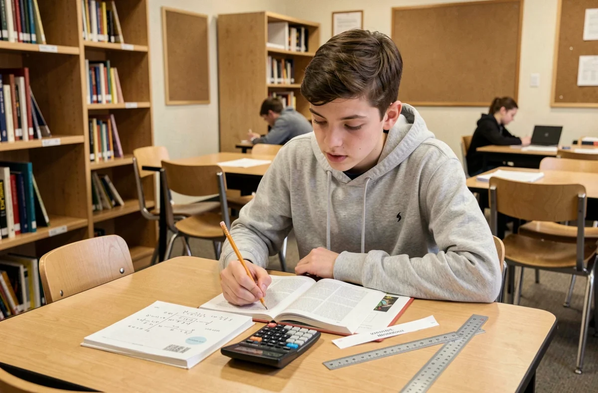 Étudiant apprenant la conversion centimètre en pouce avec une règle et une calculatrice dans une bibliothèque scolaire