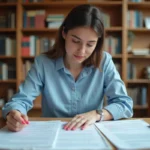 Étudiante révisant une fiche mémo NORIAS pour un cours de droit ou de français à la bibliothèque universitaire