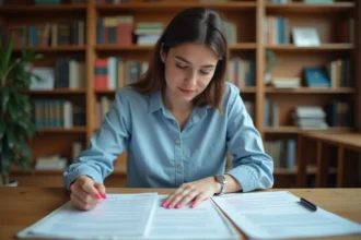 Étudiante révisant une fiche mémo NORIAS pour un cours de droit ou de français à la bibliothèque universitaire