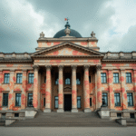 Façade d'un bâtiment gouvernemental français couverte de gros billets d'euros