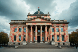 Façade d'un bâtiment gouvernemental français couverte de gros billets d'euros