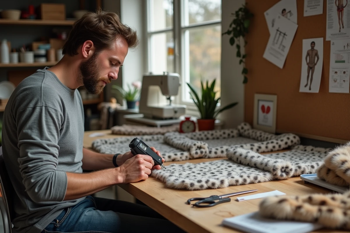 Artisan en train de fabriquer un costume de cosplay d'Ed la hyène du Roi Lion dans un atelier de création
