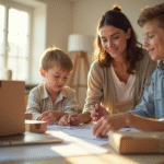 Famille jeune préparant ses cartons dans un salon lumineux