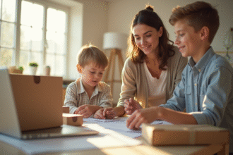 Famille jeune préparant ses cartons dans un salon lumineux