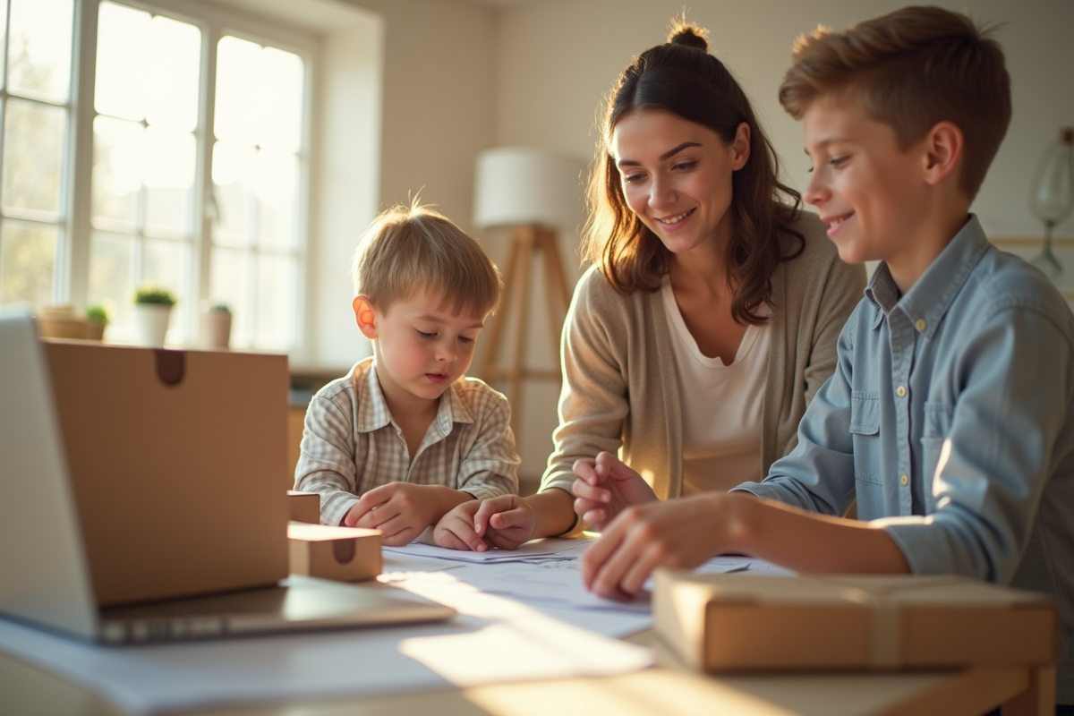 Famille jeune préparant ses cartons dans un salon lumineux