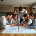 Famille de quatre autour d'une table discutant plans et mesures