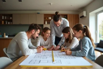 Famille de quatre autour d'une table discutant plans et mesures