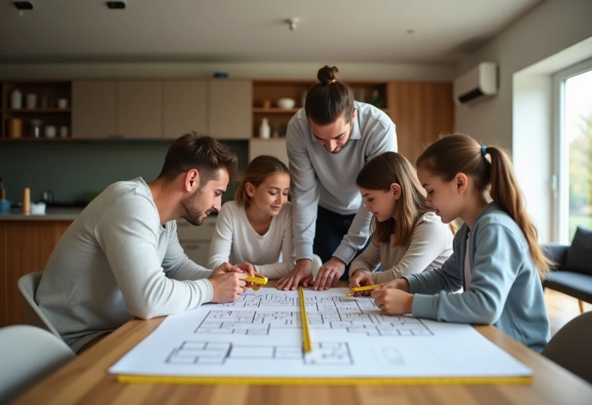 Famille de quatre autour d'une table discutant plans et mesures