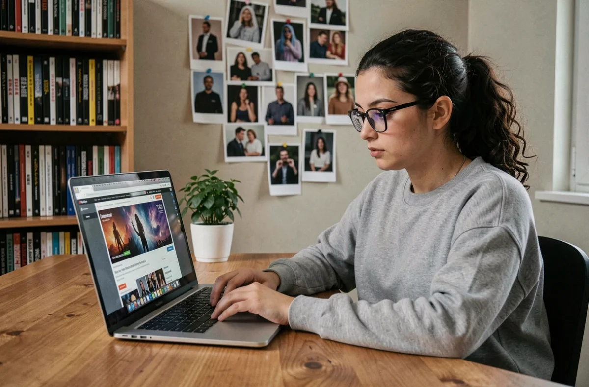 Jeune femme fan consultant un site fan sur son ordinateur portable dans un bureau à domicile décoré de photos