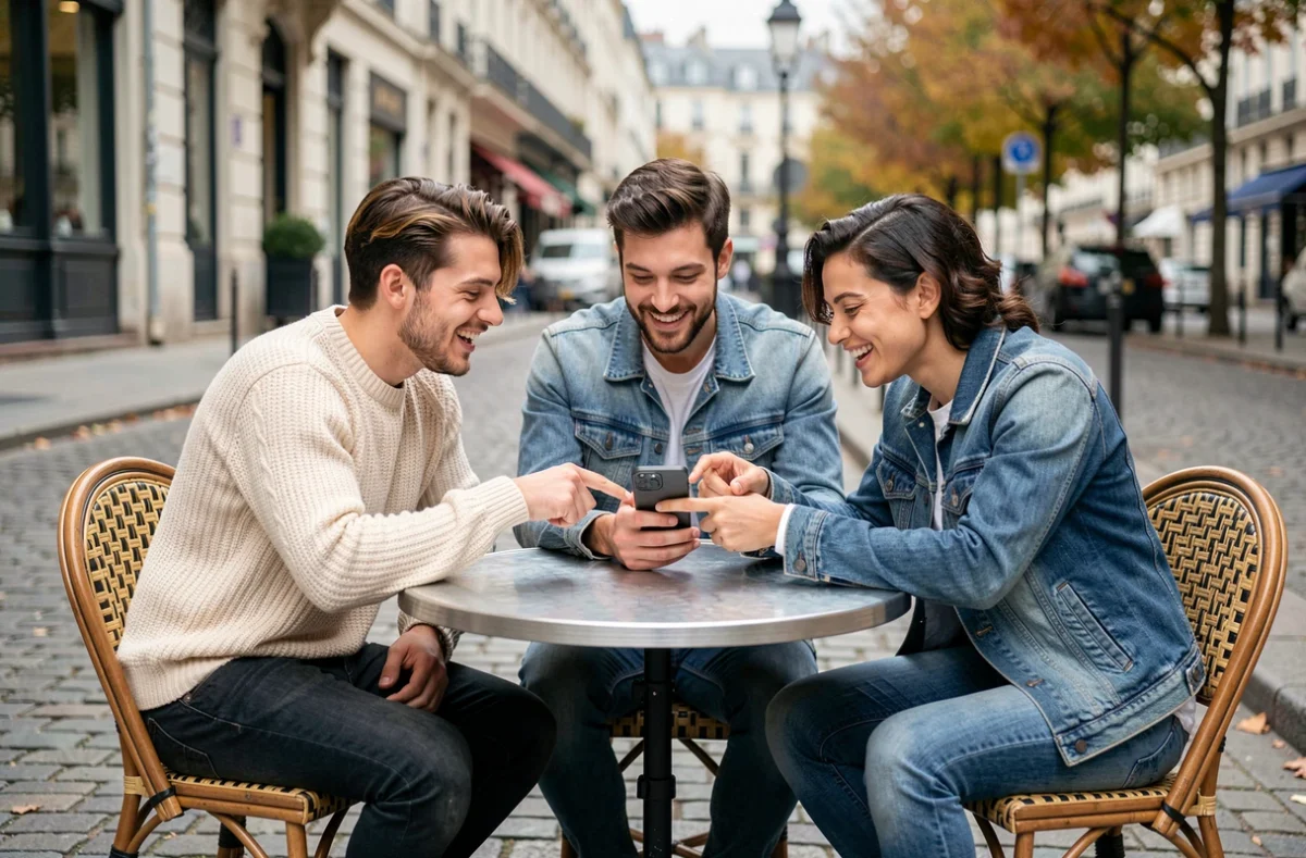 Groupe d'amis fans découvrant ensemble le site fan jacksonrathbone.fr sur smartphone dans un café parisien