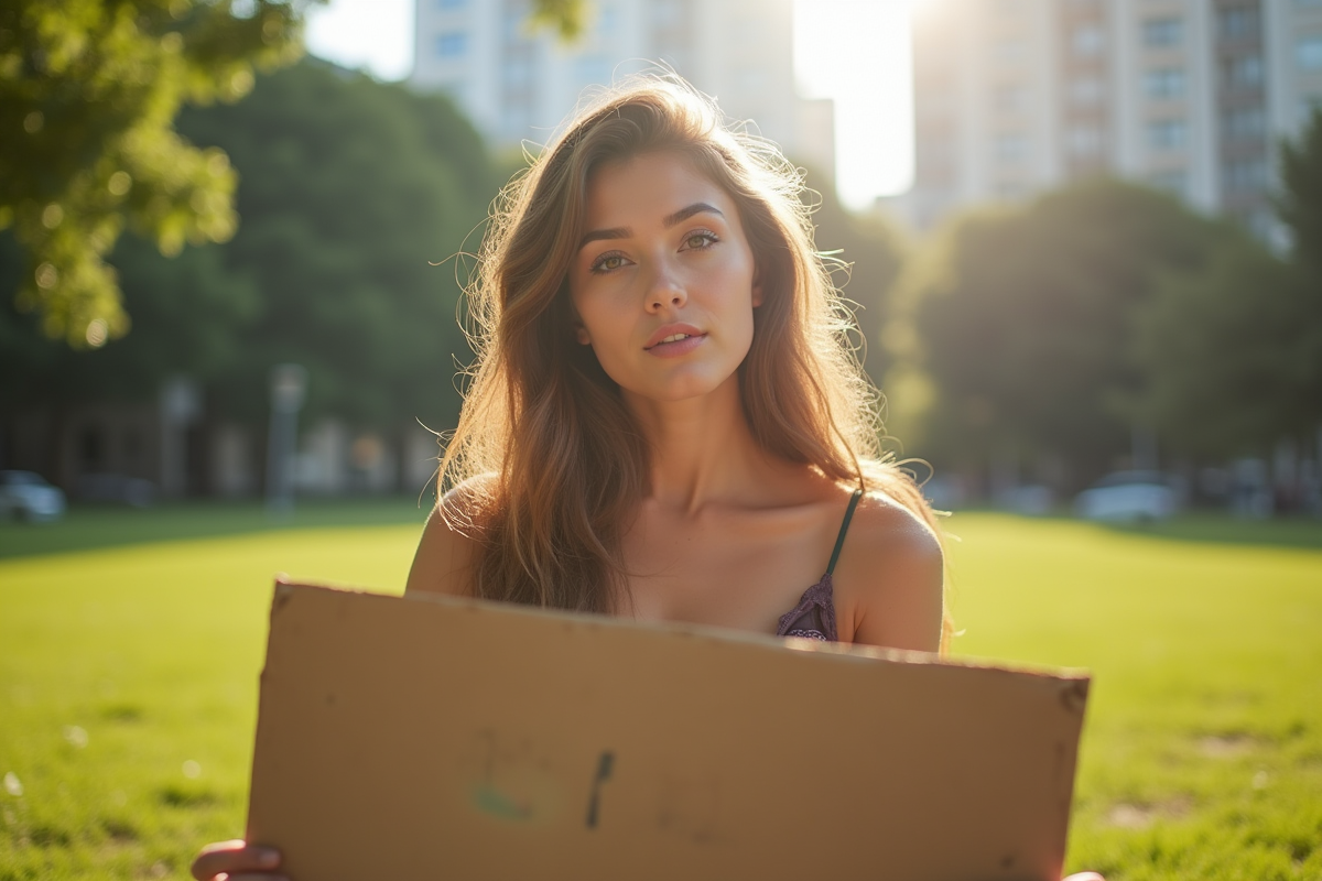 Femme sereine tenant une pancarte dans un parc urbain