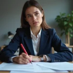 Jeune femme d'affaires en costume bleu dans un bureau
