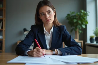 Jeune femme d'affaires en costume bleu dans un bureau