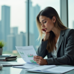 Femme d affaires étudiant un rapport financier au bureau
