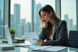 Femme d affaires étudiant un rapport financier au bureau
