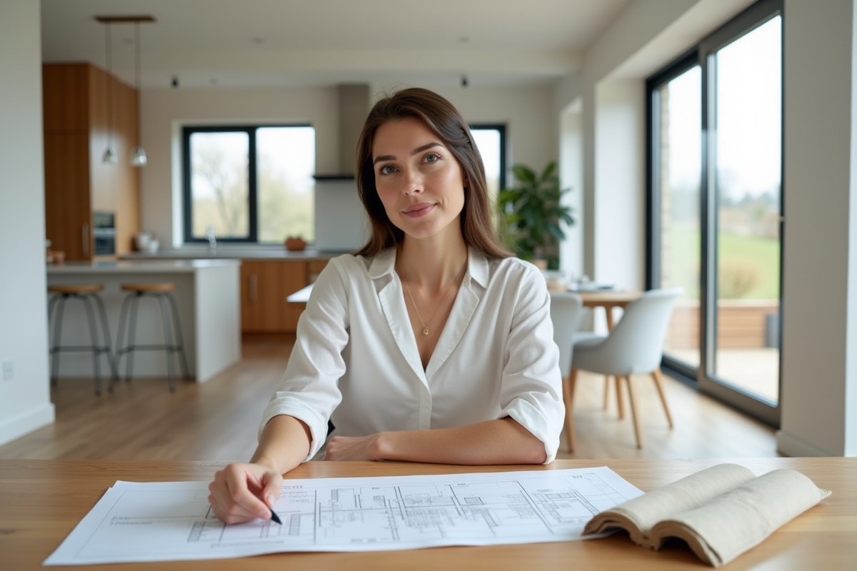 Jeune femme examinant des plans dans une maison T5