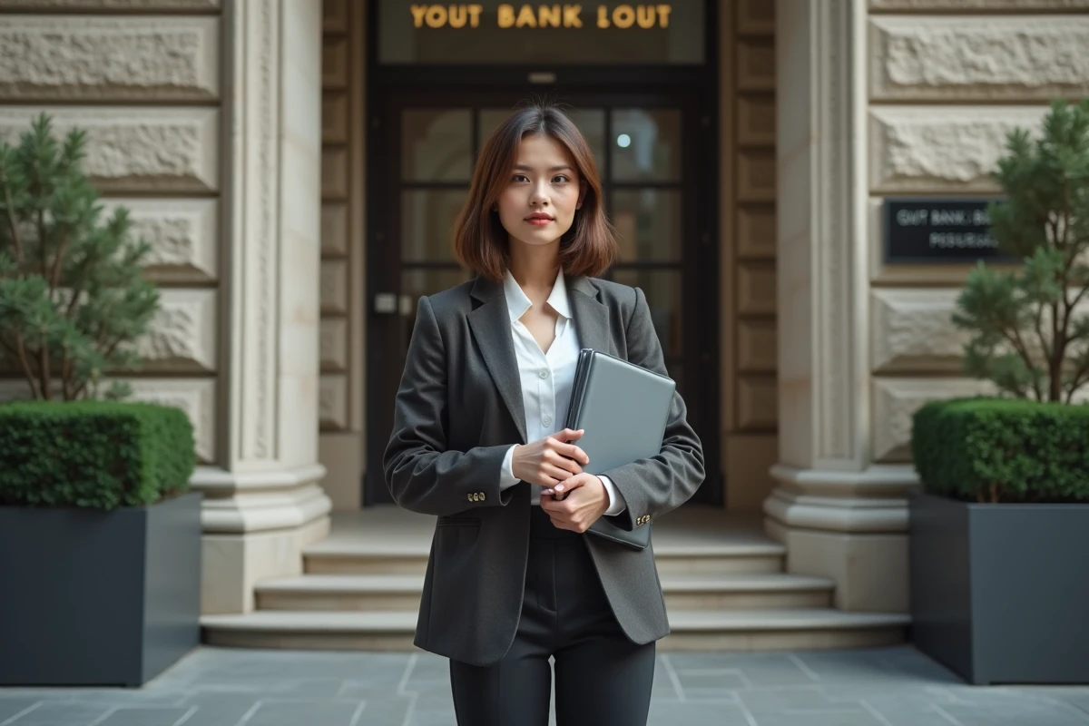 Jeune femme devant une banque architecturale
