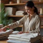 Femme élégante touchant des vêtements en lin et coton dans une boutique