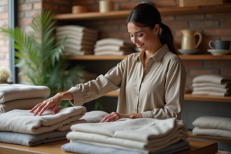 Femme élégante touchant des vêtements en lin et coton dans une boutique