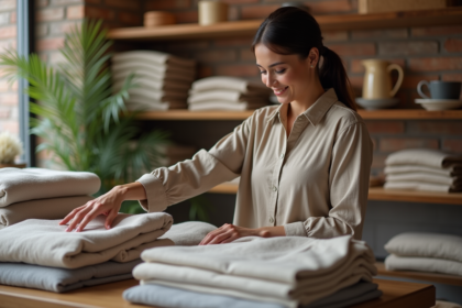 Femme élégante touchant des vêtements en lin et coton dans une boutique