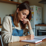 Femme réfléchissant à ses dépenses dans sa cuisine