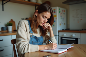 Femme réfléchissant à ses dépenses dans sa cuisine