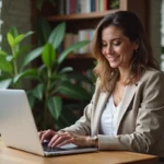 Femme d'affaires vérifiant l'heure à Guadeloupe dans un appartement cosy