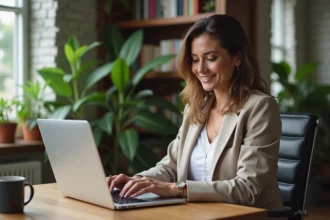 Femme d'affaires vérifiant l'heure à Guadeloupe dans un appartement cosy
