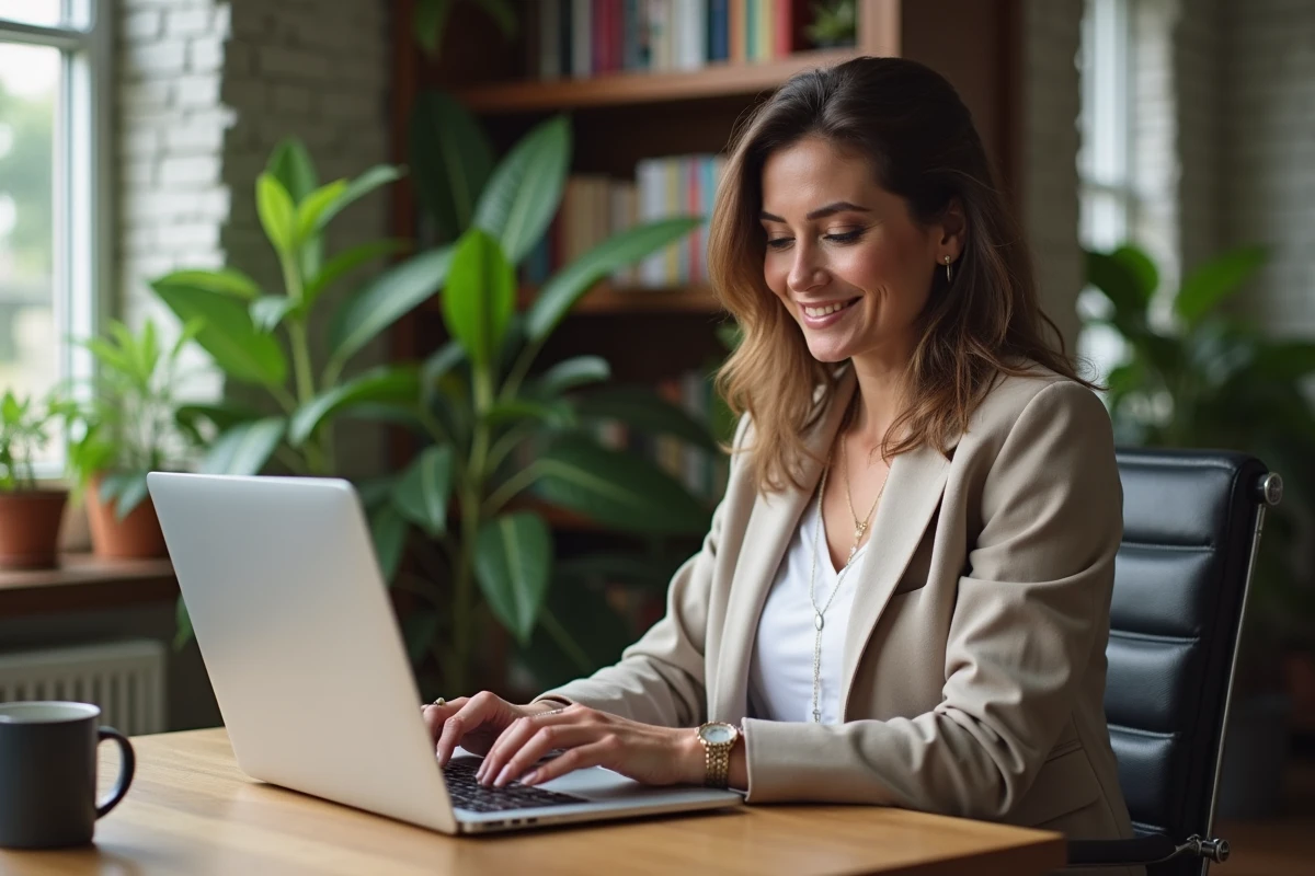 Femme d'affaires vérifiant l'heure à Guadeloupe dans un appartement cosy