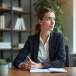 Femme professionnelle réfléchissant dans un bureau à domicile