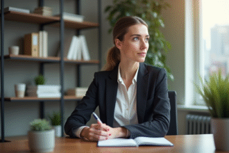 Femme professionnelle réfléchissant dans un bureau à domicile