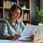 Femme d'âge moyen dans un bureau à domicile lisant des documents officiels