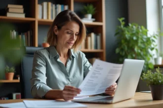 Femme d'âge moyen dans un bureau à domicile lisant des documents officiels
