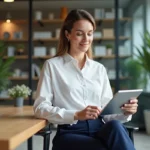 Femme confiante au bureau organise des papiers