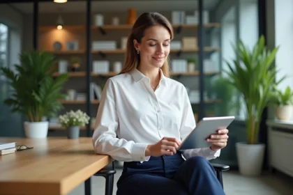 Femme confiante au bureau organise des papiers