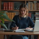 Femme travaillant sur un ordinateur dans un bureau cosy