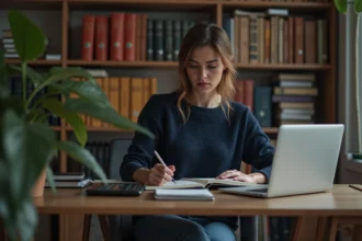 Femme travaillant sur un ordinateur dans un bureau cosy