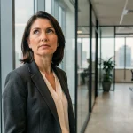 Femme cadre en pleine réflexion professionnelle devant une fenêtre de bureau avec vue sur la ville, symbolisant une reconversion ou promotion de carrière