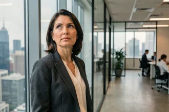 Femme cadre en pleine réflexion professionnelle devant une fenêtre de bureau avec vue sur la ville, symbolisant une reconversion ou promotion de carrière