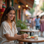 Jeune femme souriante au marché en plein air avec un repas