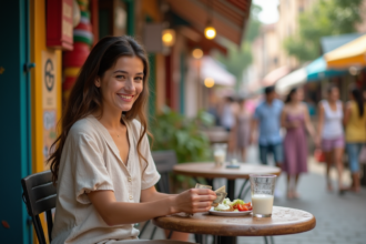 Jeune femme souriante au marché en plein air avec un repas