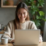 Jeune femme détendue travaillant sur son ordinateur à la maison
