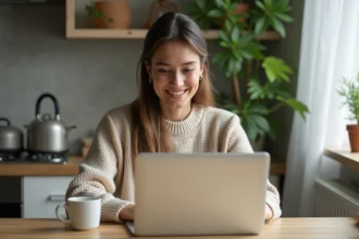 Jeune femme détendue travaillant sur son ordinateur à la maison