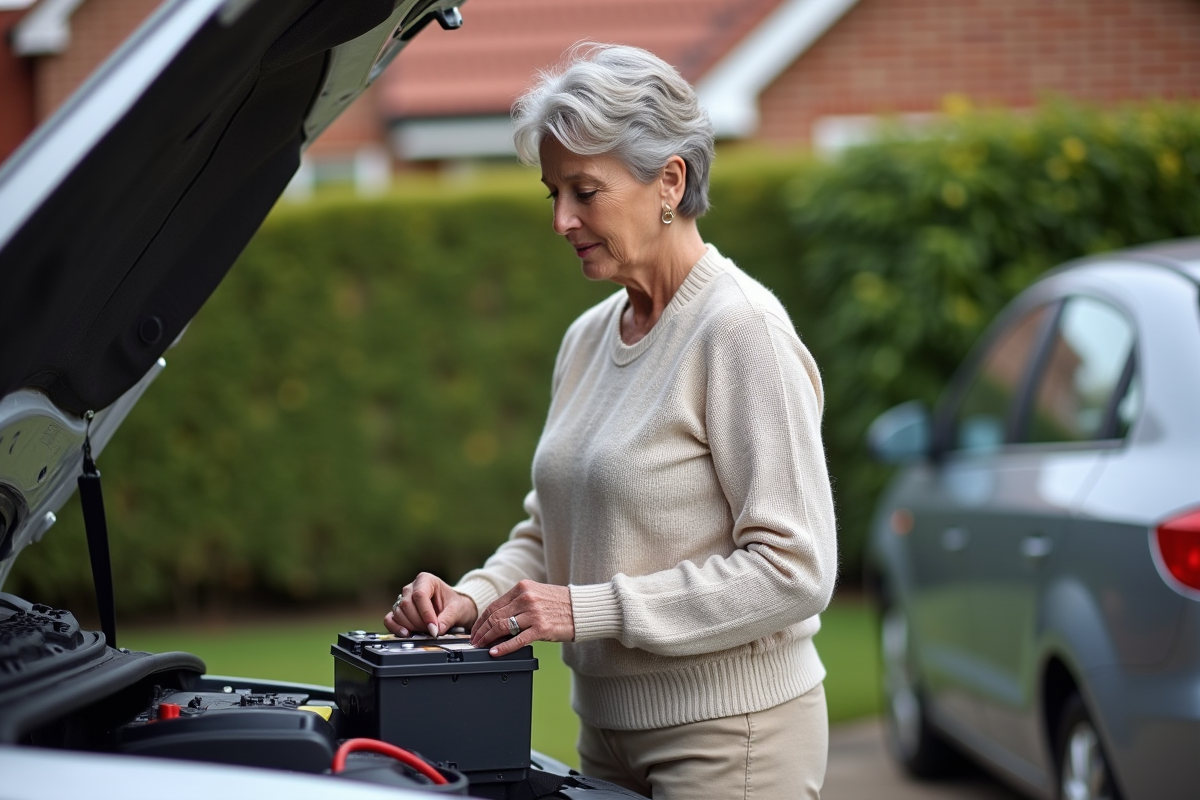 Femme comparant des batteries dans son allée de maison