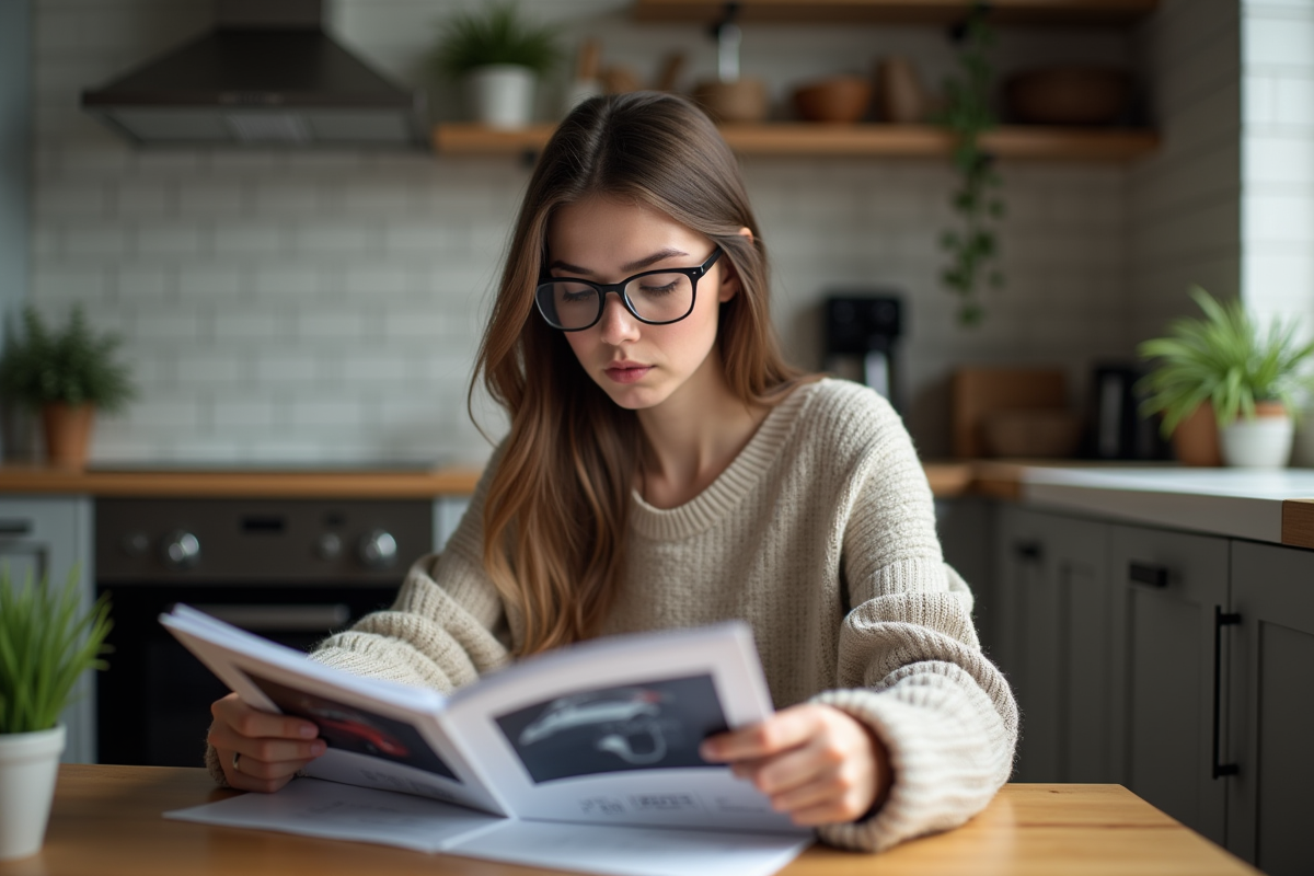 Jeune femme compare deux livrets de spécifications automobiles à la maison