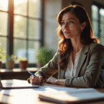 Femme confiante au bureau avec notes et ordinateur