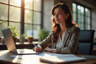 Femme confiante au bureau avec notes et ordinateur
