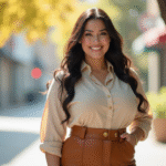Femme confiante en jupe haute taille et blouse dans la ville