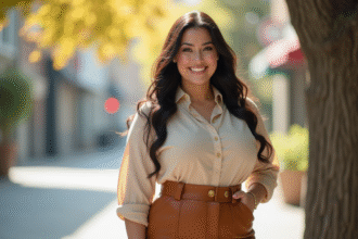 Femme confiante en jupe haute taille et blouse dans la ville